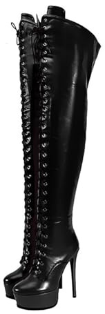 WOkismD Stivali da Donna sopra Il Ginocchio con Tacco Alto da 15CM/5,9IN, con Plateau, Cerniera e Lacci,Nero,36 EU