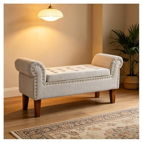 INMOZATA Upholstered Window Seat Storage Ottoman Bench with Rolled Arms, Linen Button-Tufted Entryway Bench with Nailhead Trim & Storage Space, Storage Bench for Living Room,Bedroom, Hallway, Beige