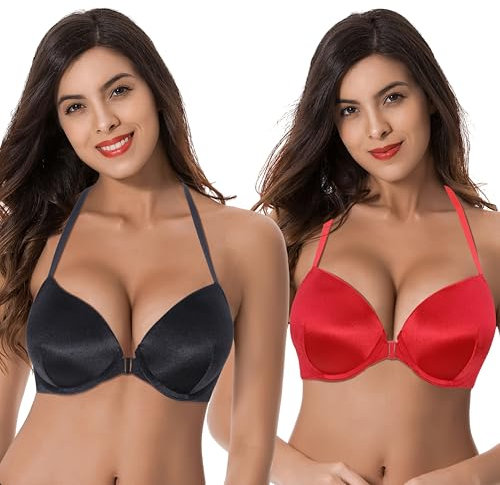 Curve Muse Women Push Up Add 1 and a Half Cup Underwire Halter Front Close Bras -2PK-Black,Red-42C (EU:95C)