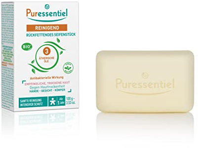 Puressentiel - Reinigend - Rückfettende Seife mit 3 ätherischen Ölen BIO - Gesicht, Hände und Körper - Trockene, empfindliche und reaktive Haut - Reinigt und Schützt - 100g