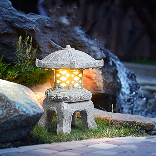 QIVGXBO Yard Warm Light Post Lights Resin Shade Waterproof Pillar Light Retro Japanese Pole Lantern Light Fixture, Outdoor Floor Garden Landscape Pathway Light,Stone Gray,15.5in