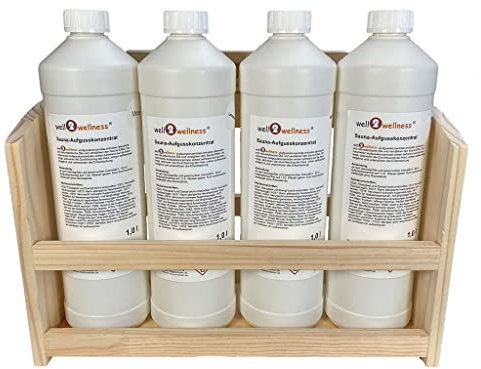 SudoreWell® Scaffale da parete per sauna Big in legno di pino più 4 x 1,0 litri di betulla, eucalipto, menta + abete rosso e cristalli di mentolo da 10 g.