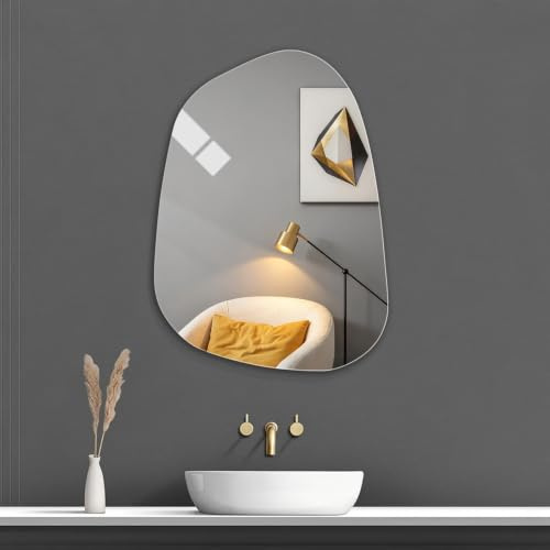 Self adhesive Irregular Wall Mirror, Frameless Asymmetrical Mirror 35x48cm | HD Glass, Stick On Bathroom Wall Mirror No Drill, Decorative Small Irregular Mirror for Bathroom, Hallway, Toilet, Wall Decor