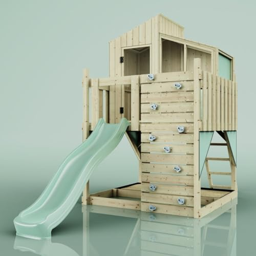Rebo Spielturm aus Holz mit Wellenrutsche | Outdoor Klettergerüst mit Plattform, Spielhaus, Kletterwand, Sandkasten und Kleterseil