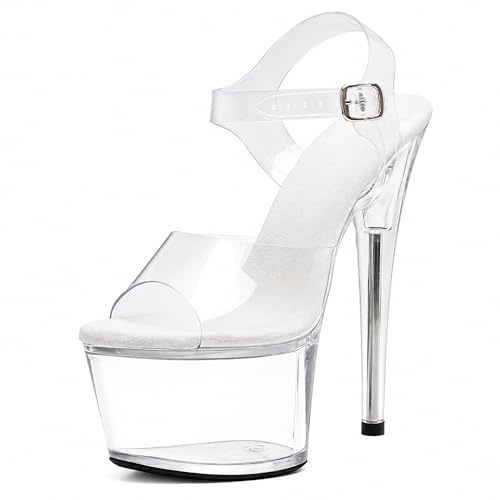 WUXIN H&P Women's 7 Inch Clear Platform Heels - Ankle-Strap Sexy Pole Dance High Heel, Exotic Dancer Shoes Stiletto 6-8 Inch, Clear, 11 UK