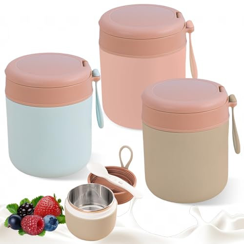 PRITOK Edelstahl Thermobehälter für Essen: 3 Stück Thermoschüssel, Vakuum Isolierte Thermo Lunchbox, Thermobecher Essen to go Warmhaltebehälter(Blau+Rosa+Weiß) (Blau+Rosa+Grün 430ml)