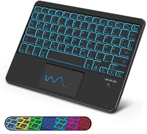 SOPPY Tastatur mit Touchpad kabellose Bluetooth Tastaturen mit 7-Farbiger Hintergrundbeleuchtung, Ultra Slim Tastature kompatible mit Windows Android, Schwarz Beleuchtet (DE QWERTZ Layout)