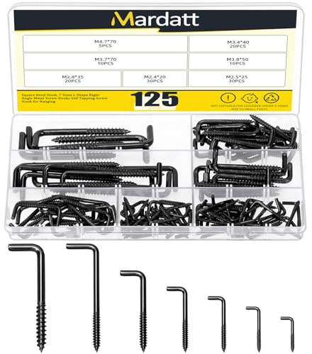 Mardatt Kit de 125 crochets de rangement de 7 tailles, crochets carrés à visser, noirs galvanisés, crochets en L, vis en L, kit pour cadre photo, vis autotaraudeuse type L à angle droit