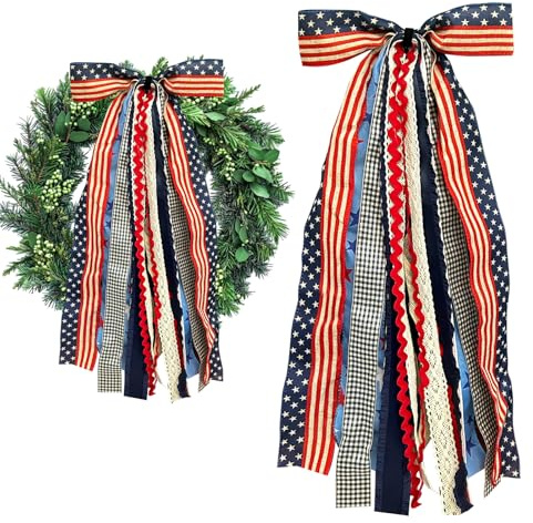 Ftuuo Large Patriotic Star Ribbons Bow for Wreath, Red White Buffalo Plaid Fabric Ribbons Set Assorted Lace Ribbon 4th of July Clip-On Wreath Sash Ribbon Bundle for Patriotic Indoor Outdoor Decor