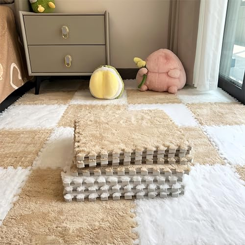 12Pcs Plush Foam Floor Mat,Plush Interlocking Carpet Tiles,Anti-Slip Square Puzzle Floor Mat,EVA Foam Area Rugs for Bedroom Playroom (White + Beige)
