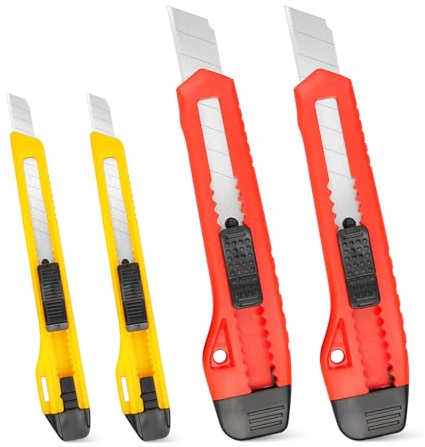 ORIENTOOLS Utility Knife Box Cutter Razor Auto-lock 4-Pack Set, Retractable Box Cutter Snap Off Blades Knife, for Office, Home, Arts, Crafts, Red and Yellow
