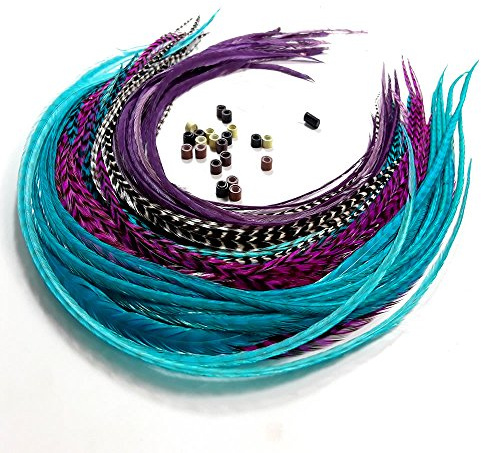 Sexy Sparkles - Extensiones de pelo con plumas 100 % de plumas reales, color morado, morado, azul, 20 plumas con 20 cuentas y kit de herramientas de lazo