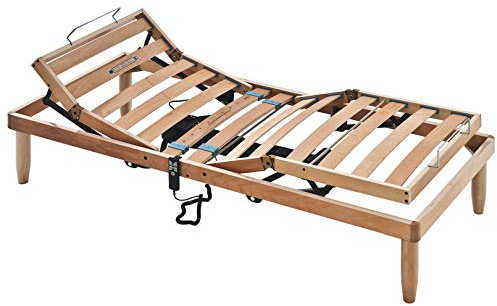 EVERGREENWEB - Electric Single Bed Base 85x200 cm with Natural Wood Slats ORTHOPEDIC Motorized Lift Bed Base Reinforced for all Mattresses 4 Reclining Zones with Rigidity Adjusters, 4 Removable Feet