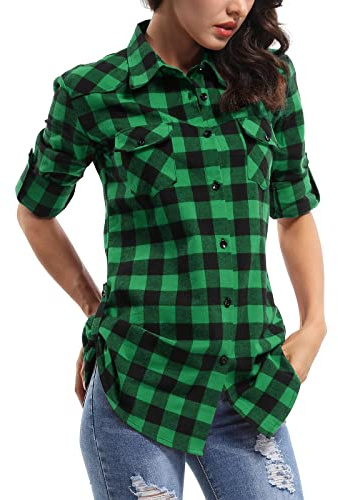 OCHENTA Women's Roll Up Sleeve Button Down Plaid Flannel Shirt Fall Casual Tops, D013 Green Navy, L
