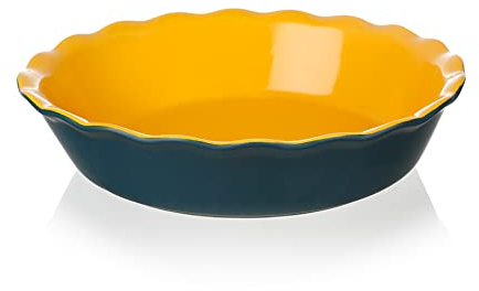 SWEEJAR Ceramic Pie Pan for Baking, 25.4 cm Round Baking Dish for Dinner, Non-Stick Pie Plate with Soft Wave Edge for Apple Pie, Pumpkin Pie, Pot Pies (Blue&Yellow)