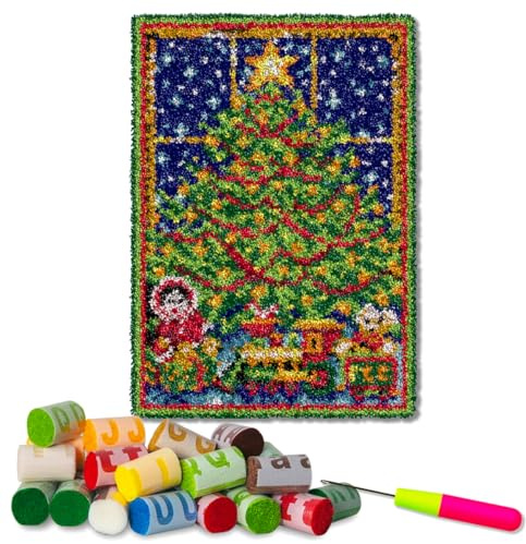 DL-YTG Latch Hook Kits Rug Christmas Tree Crochet Yarn Cushion Colour Pre-Printed Canvas Cover Rug Needlework DIY Hook and Latch Kit Home Decoration 52x38cm/20 X15inch