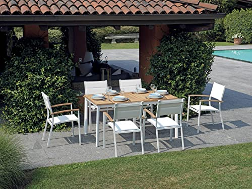 Gruppo Maruccia Tavolo da Giardino in Alluminio Bianco e Legno con 6 Sedie Set Pranzo da Giardino Allungabile fino 2,10 Metri Sedie Imbottite