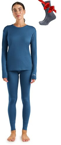 Merino.tech Merino-ull baslager kvinnor set – tungvikt, lite, medelvikt merinoull termiska underkläder för kvinnor, topp, botten, 165 denim blå, S