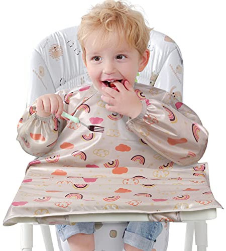Vicloon Lätzchen mit Ärmeln Baby Ärmellätzchen Befestigt Sich an Ihrem Hochstuhl, Baby Lätzchen mit Ärmeln Wasserdicht für Jungen Mädchen Kleinkind Fütterung Lätzchen Schürze-Regenbogen