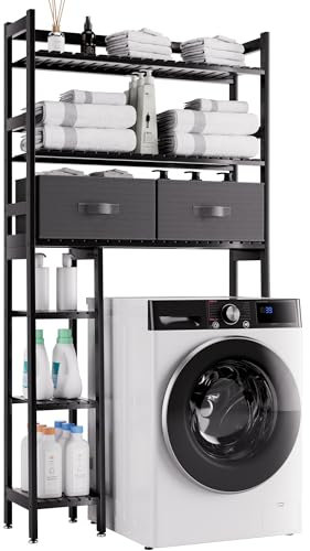 SMIBUY Über-dem-WC-Aufbewahrungsregal, 6-stöckiger Bambus Großer Bad-Organizer mit Seitenböden und 2 Schubladen, Stabiler freistehender Raumsparer für Bad, Waschküche (schwarz)