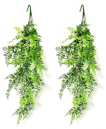 JZK 2 plantas colgantes artificiales, hojas de helechos verdes sintéticos para colgar en la pared, guirnalda de hiedra falsa, plantas de interior para decoración de pared de cocina, baño, decoración