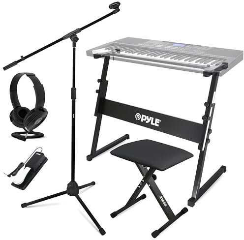 PYLE Heavy-Duty Electric Keyboard Accessories, E Piano Equipment Pack Includes Height Adjustable Z Shape Keyboard Stand, Keyboard Stool, Microphone Stand, Headset, and Sustain Pedal, Black