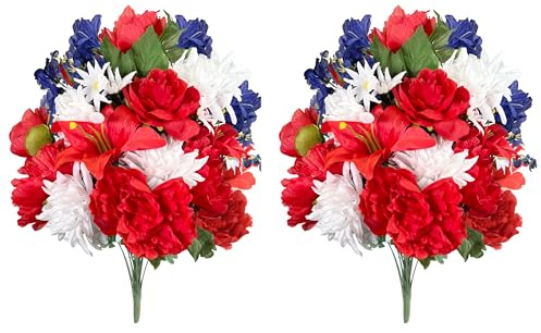 Admired by Nature 24 Stems 2pcs Artificial Flower Peony Lily Mum Patriotic Memorial Bouquet Cemetery Decorations for Grave, Spring Faux Flower Arrangement, Veterans, Independence Day, Red White Blue