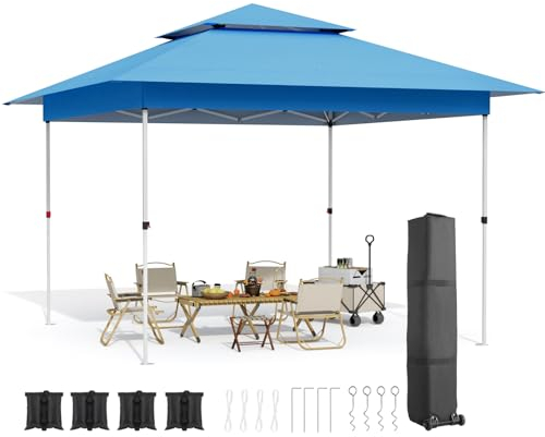 Tonnelle Pliante 3,6 x 3,6 m, étanche, Stable, 4 Sacs de Sable, Pop-up Double Toit Tente de fête, Réglable Hauteur (265-275-285cm), pour Patio marché Camping Plage Bleu