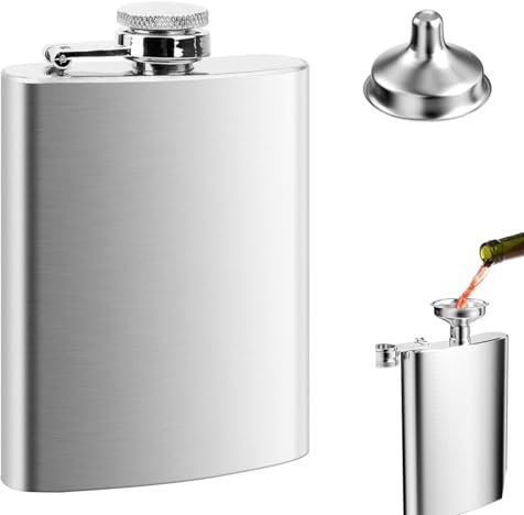 Flasque à Alcool en Acier Inoxydable 8 Oz / 227 ml, Portable Hip Flask avec Petit Entonnoir, Étanche pour Whisky, Randonnée, Escalade, Camping, Voyage