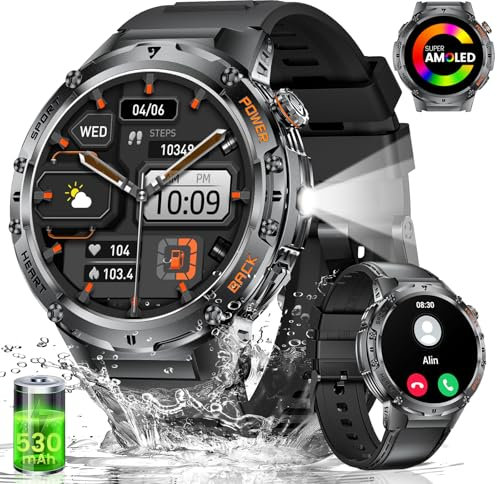 Montre Connectée Homme avec Lampe de Poche,1,43'' AMOLED Fitness Tracker avec avec Appel Bluetooth pour Android iOS Sommeil/Fréquence Cardiaque,Podomètre,530 mAh Sport Smartwatch Homme 2 Bracelets