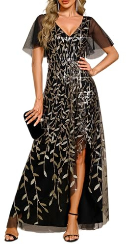 Ever-Pretty Abito da Ospite di Nozze Asimmetrico Scollo a V Linea A Paillettes Foglia Stile Impero Abito Elegante Donna Cerimonia Oro Nero 36
