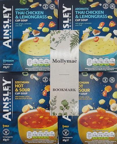 Ainsley Harriott Cup Soup Bundle, Thai Chicken & Lemongrass and Szechuan Hot & Sour, 6 Sachets of Each flavour with Mollymae Bookmark (4 Boxes in total)
