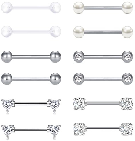 AVYRING 6 paia di piercing per capezzoli, 14 g, in acciaio inox, con cuore e pietre CZ, 16 mm, 16 millimètres, Acciaio inossidabile