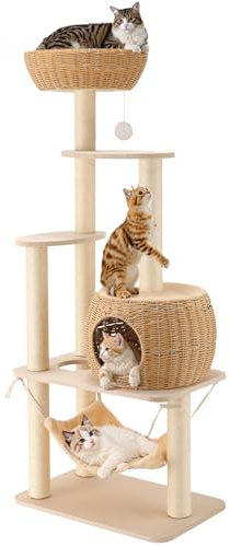 BUMUBI Modern Rattan Cat Tree House Condo Tall Heavy Duty Cat Climbing Tower with Scratching Post,Basket,Bed,and Stand for Indoor Large Cat