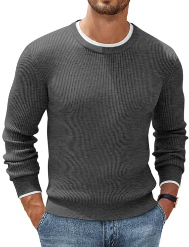 COOFANDY Pull à col rond pour homme - Pull basique en tricot fin - Pull d'affaires - Pull d'hiver côtelé, gris foncé, M