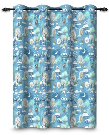 ggaimwf 107x160cm Cortina con ojales de Cartoon House para dormitorio infantil Azul Cabaña Árboles Luna Lindo Rústico Opacos Cortinas para ventanas Habitación infantil Sala de estar,1 panel individual
