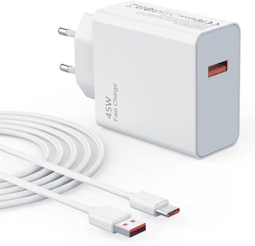 Cargador 45W USB C Rápido Turbo Carga para Xiaomi Redmi Note 14 Pro 5G/13 12 11 10 A5 A3, Poco X7 X5 M7 M6 Pad 8 7 6 5 Redmi K80 Pro, Xiaomi 13 Lite 13T 12T 12 11T 10T con 6A Cable Tipo C 1M Adaptador