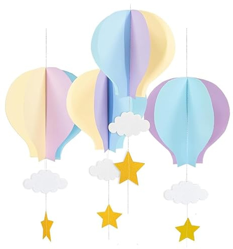 4 piezas de adorno colgante de fiesta de globos calientes de papel 3D de colores, adorno colgante de globos calientes y estrellas en las nubes, adecuado para decoración de aulas, bodas, fiesta de