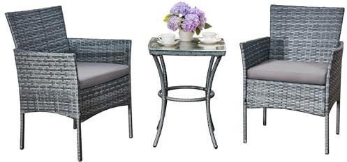 Yaangagpe 3 Piece Grey Rattan Bistro Set, Garden Furniture with 1 Coffee Table, 2 Single Rattan Chairs & Removable Cushions for Balcony, Backyard, Porch & Conservatory