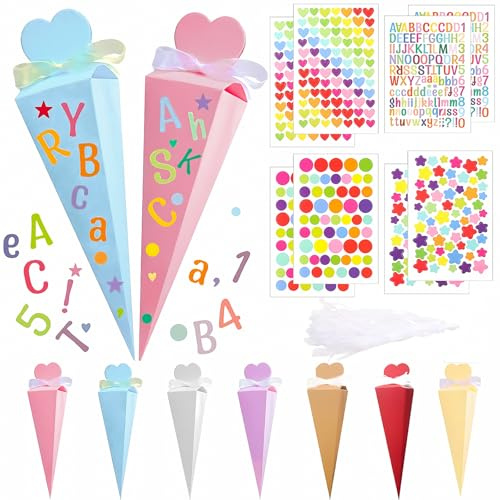 35 Pièces Cornet de Bonbons Forme Cônes Sac Cadeau Cône Joli Sac Conique Cornet Surprise Cadeaux De Rentrée avec 16 Autocollants Pour Garçons et Filles, Saveurs Sûres, Robustes et Unisexes (20x15x3)