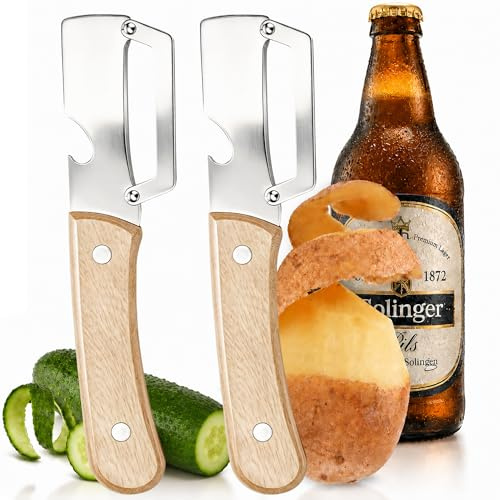 2-pack Multifunktionell Skalare med Flasköppnare, Potatisskalare, Grönsaksskalare och Fruktskalare med Trähandtag, Skalare för Gurka Morot Sparris Äpple, Ölöppnare, Köksredskap