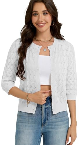 Bolero Mujer Cardigan Corto Hueco Chaqueta de Punto 3/4 Manga con Botones Rebecas Cuello Redondo Antiguo Básico Clásico