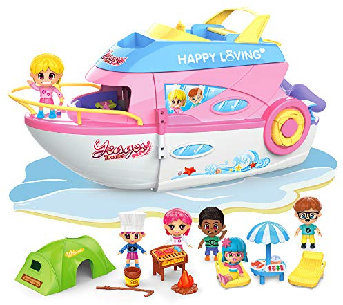 iPlay, iLearn Boat Dollhouse Playset for Girls 3-5, Kids Pretend Play Doll House Set W/ Cruise Ship, Dolls, Camping Accessories, Birthday Gifts for 4 5 6 Year Olds Children Toddlers