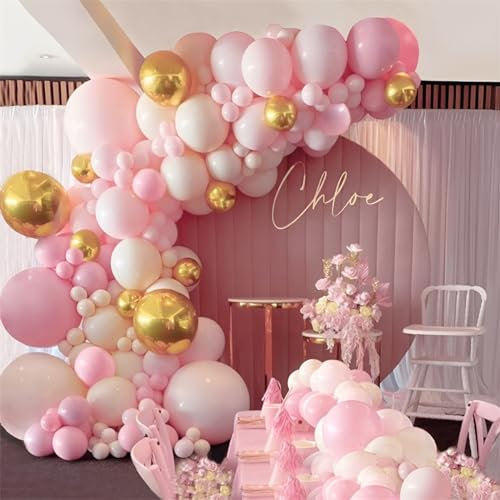 Pink and Gold Balloon Arch Kit, 104pcs Macaron Pink Birthday Balloons Garland Arch with Metallic Gold Balloons for Girls Women Birthday Party Decorations,Baby Shower,Wedding,Bridal Shower,Engagement