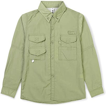 Aeslech Camisa de manga larga con botones para niños, de secado rápido, protección solar UV para exteriores, pesca, senderismo, safari, caqui, 14-15 Años