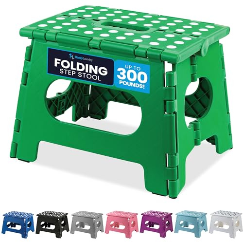 Handy Laundry Folding Lightweight Step Stool - Sturdy Enough to Support Adults - Opens Easy with One Flip - Great for Kitchen, Bathroom or Bedroom (Green - 9 Inch)