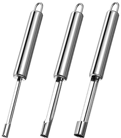 3 pezzi Set di utensili da frutta levatorsoli Multifunzione,Torsolo per mele in acciaio inossidabile, pratico taglia mele con anello per appenderlo,rimuove il torsolo, per mele cotte e altro argento
