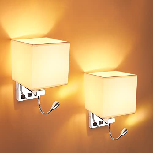 OurLeeme 2 Pcs Bedside Wall Lights with USB Port for Living Room Bedroom | 2 in 1 Reading Soft Light Wall Lamp with Flexible Gooseneck LED Reading Light, 2 Toggle Switches to Charge Modern