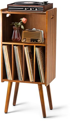 Wooden LP Record Player Stand, 3-Tier Turntable Stand Cabinet Holds up to 100 Albums, Metal Record Storage Holder and Organizer Table, Mid-Century Modern Record Player Holder for Living Room & Bedroom