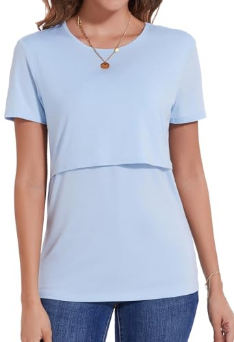 Sosolism Dam amningsskjorta kortärmade amningstoppar enfärgad amningskläder sommar basic mammamode T-shirts, Ljusblå, XXL